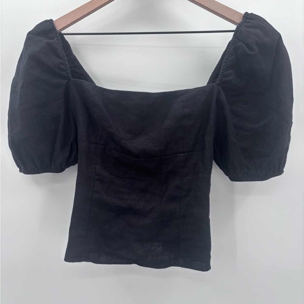 Reformation Sunnie Crop Top in Black Puff Sleeve 100% Linen Size 2 - Picture 3 of 6